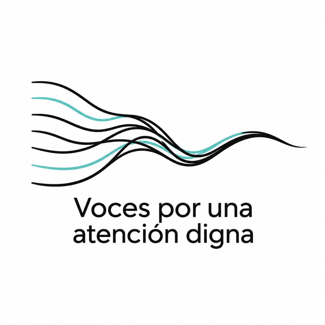Voces por una atención digna: hilos negros y turquesa sobre fondo blanco